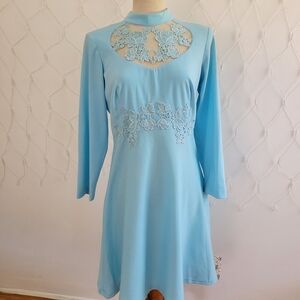 Vintage Light Blue Lace Dress • Medium to Large • 70s Skater Dress